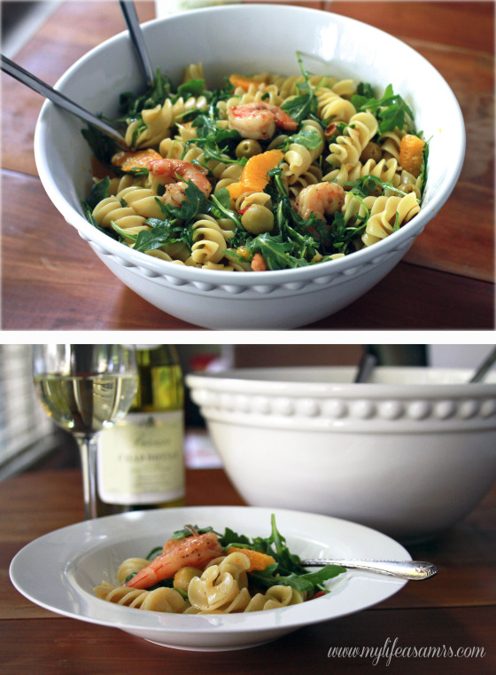 Quick Pasta with Shrimp, Green Olive, Orange & Arugula via My Life as a Mrs #dinner #pasta #shrimp #oranges