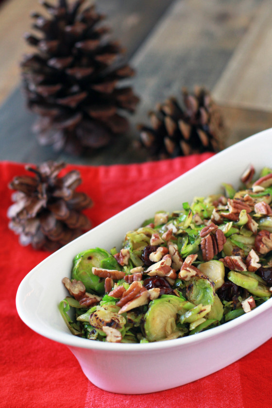 Simple Shaved Brussel Sprouts with Cherries, Pecans, and Balsamic Reduction