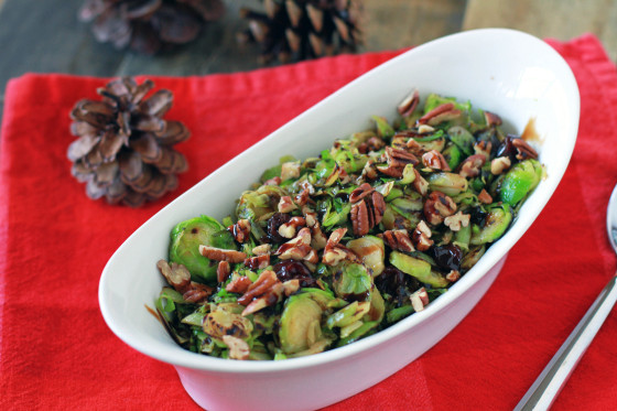 Simple Shaved Brussel Sprouts with Cherries, Pecans, and Balsamic Reduction